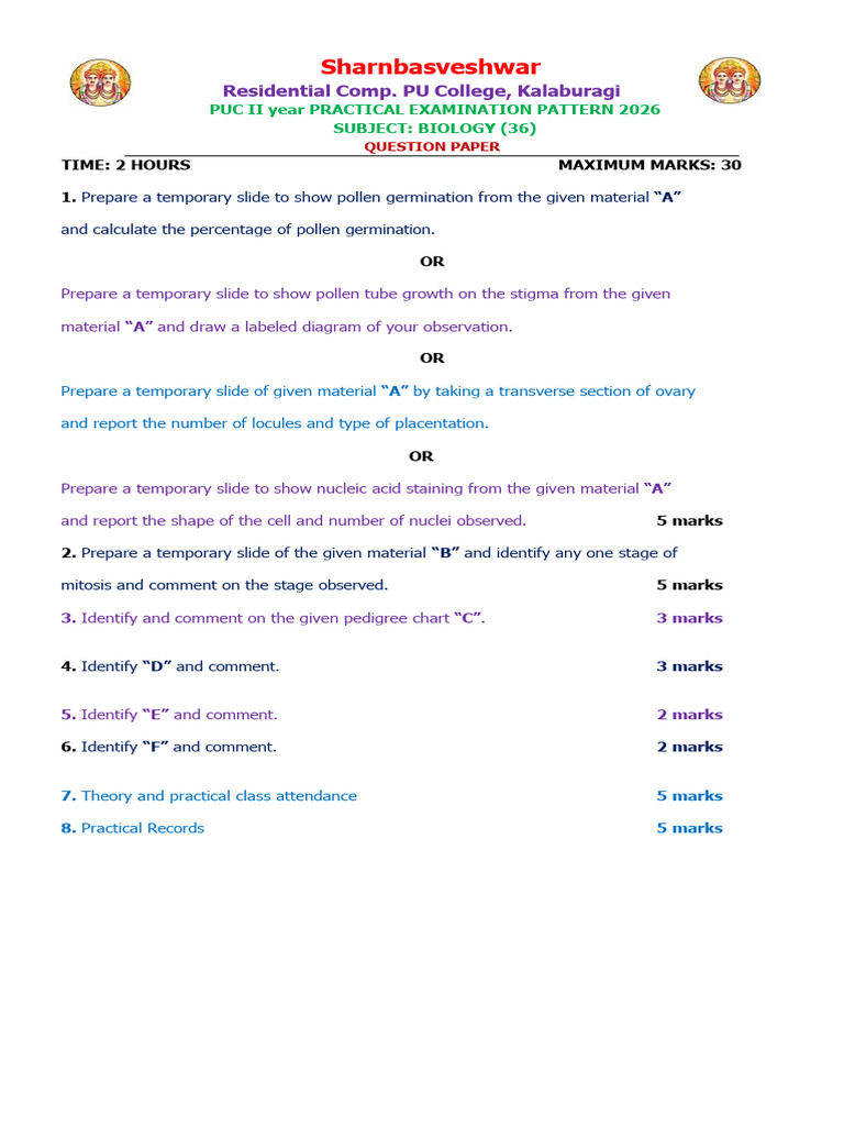Pu II Biology Practical Question Paper and Scheme of Evaluation | PDF ...