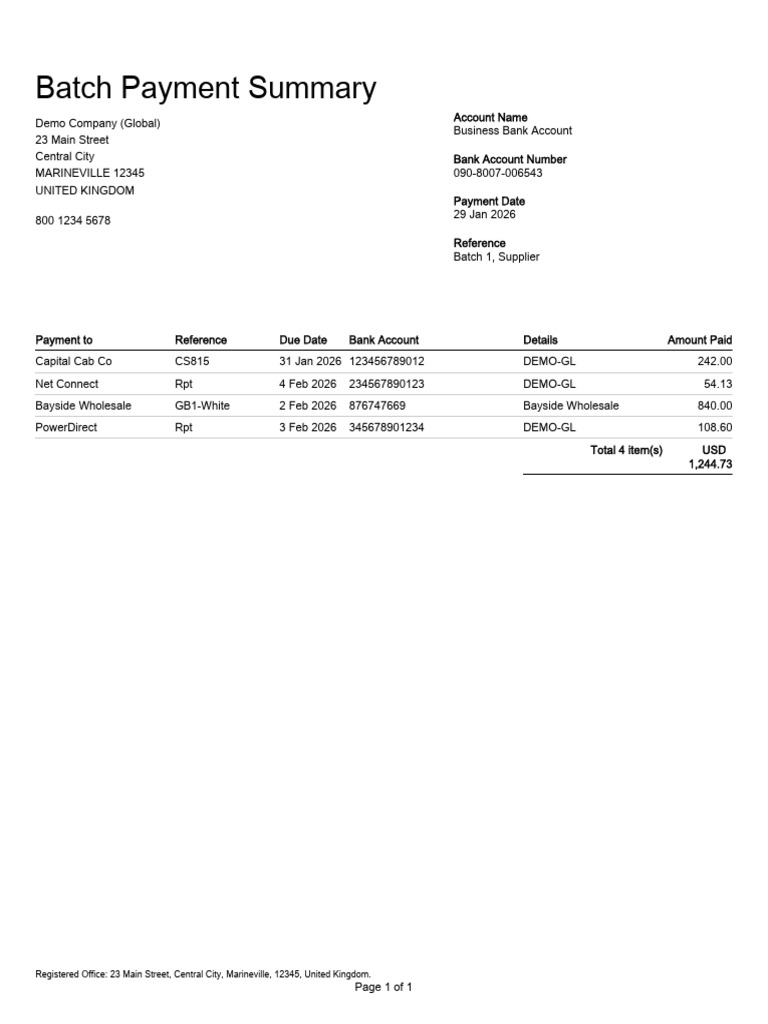 Batch Payment Summary_Demo Company (Global)_29Jan2026 | PDF