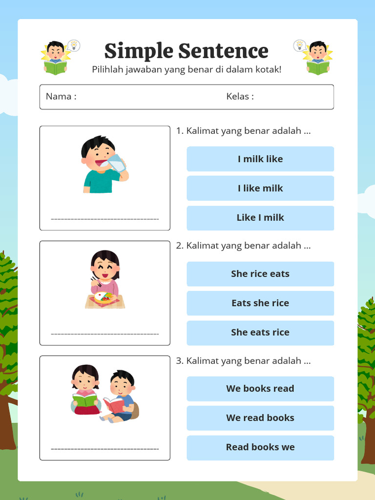 Lembar Kerja Simple Sentence Gaya Ilustrasi Biru | PDF