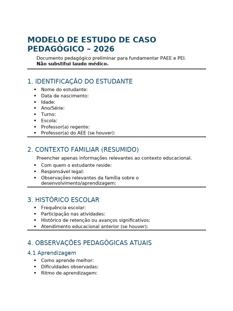 Modelo de Estudo de Caso Pedagógico - 2026 | PDF