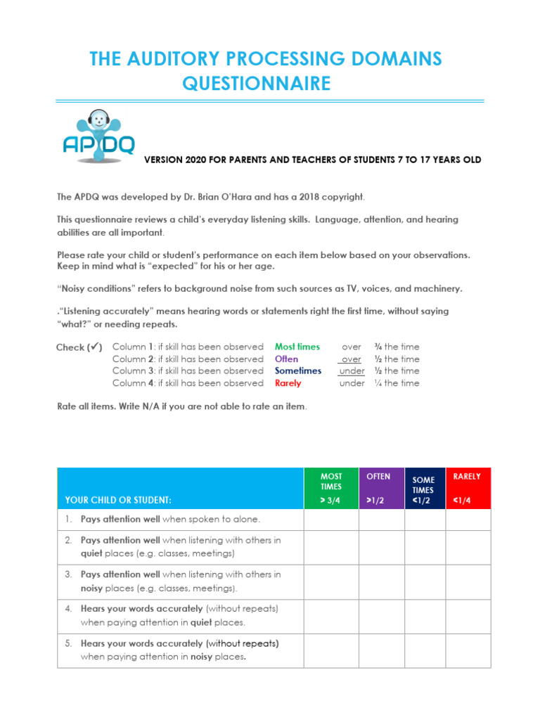 Apdq Questionnaire | PDF | Hearing | Behavioural Sciences