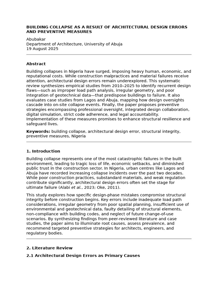Building Collapse As A Result of Architectural Design Errors and ...
