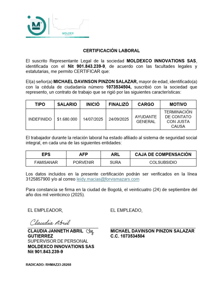 MOLDEXCO Documentos Egreso Michael Pinzon | PDF | Business