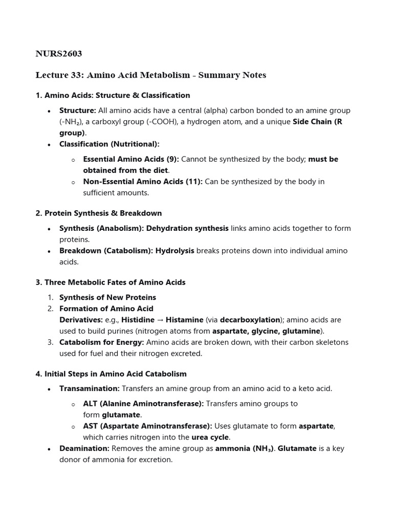 L33 - Amino Acid Metabolism - Summary Notes | PDF | Amino Acid ...