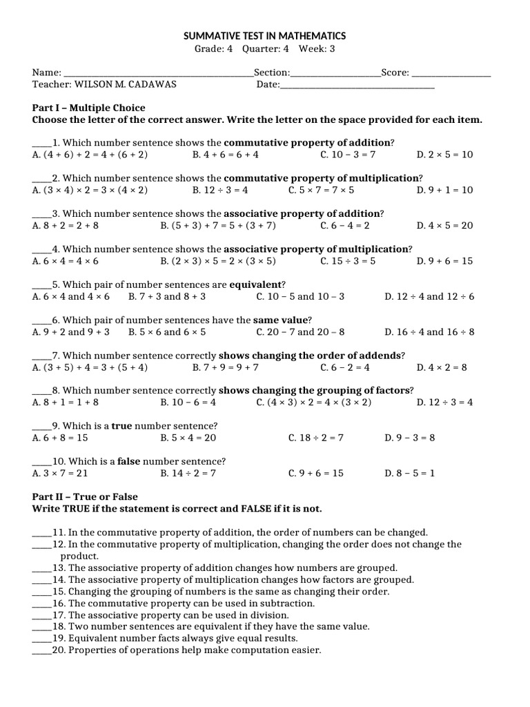 DTC Summ Test Mathematics 4 q4 w3 | PDF | Numbers | Multiplication