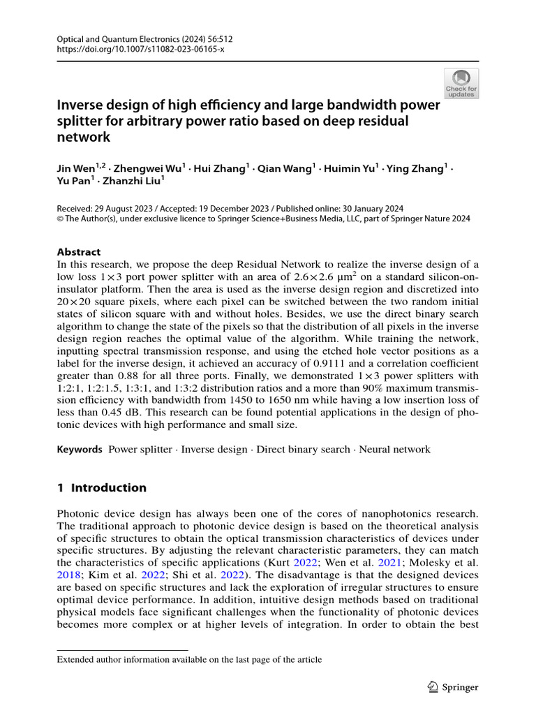Inverse Design of High Efficiency and Large Bandwidth Power Splitter ...