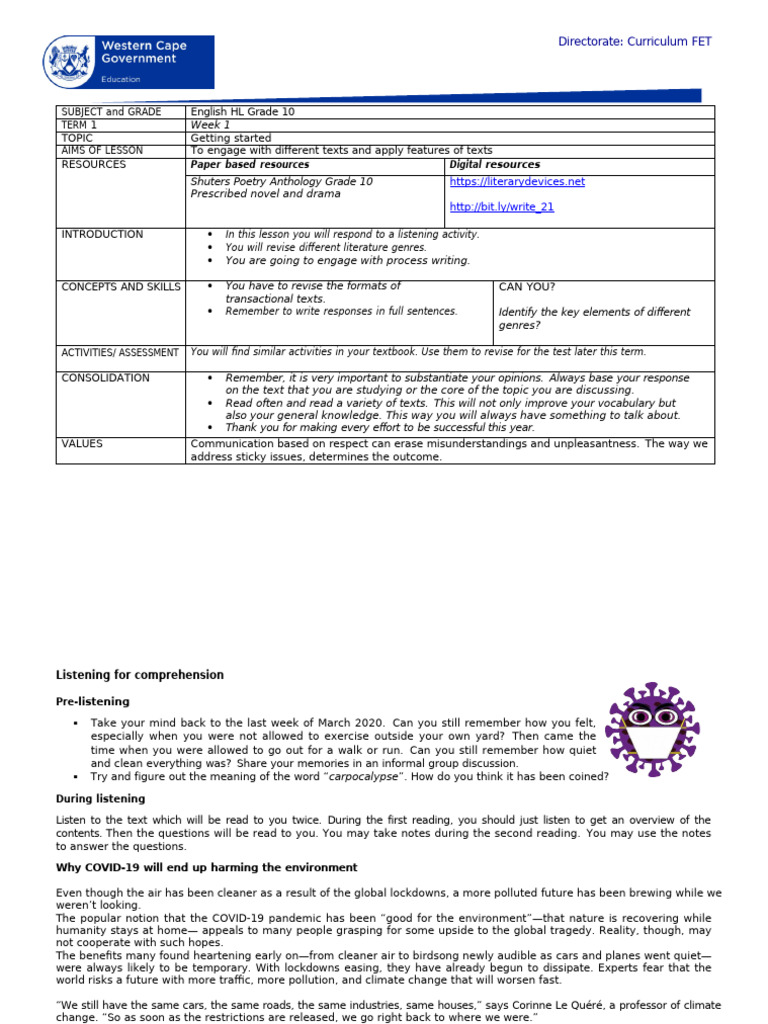 English HL Grade 10 Term 1 Week 1 - 2021 | PDF | Poetry | Literary Theory