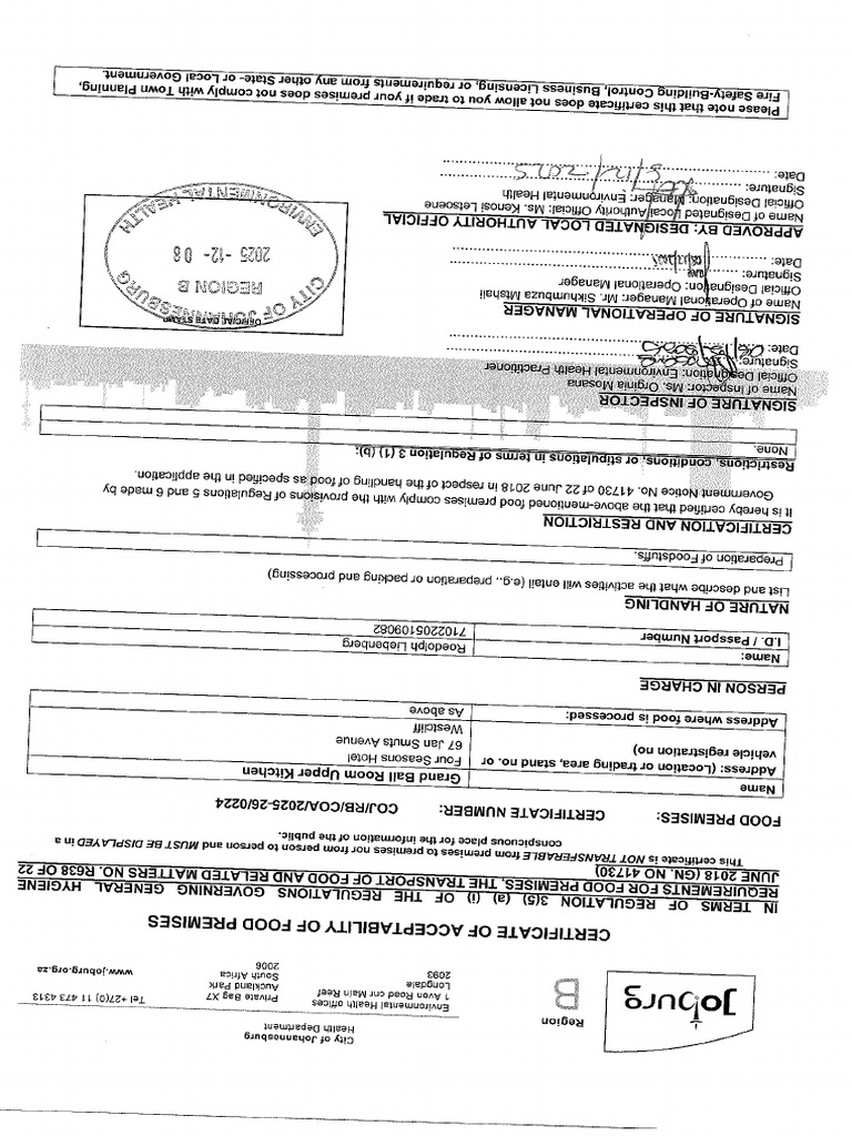 Coa of Food Premises Coj - Rb.coa.2025-26.0112 | PDF