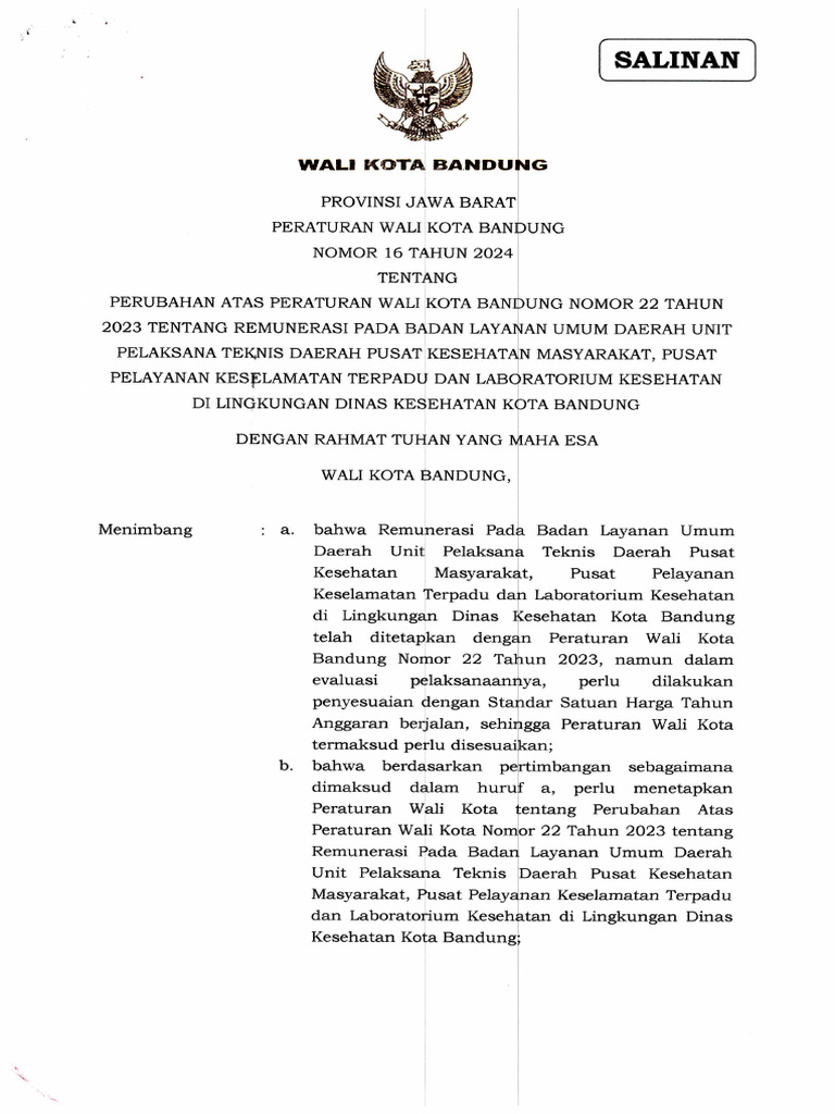 Perwal BDG 16 2024 Perub Perwal 22 Tahun 2023 | PDF