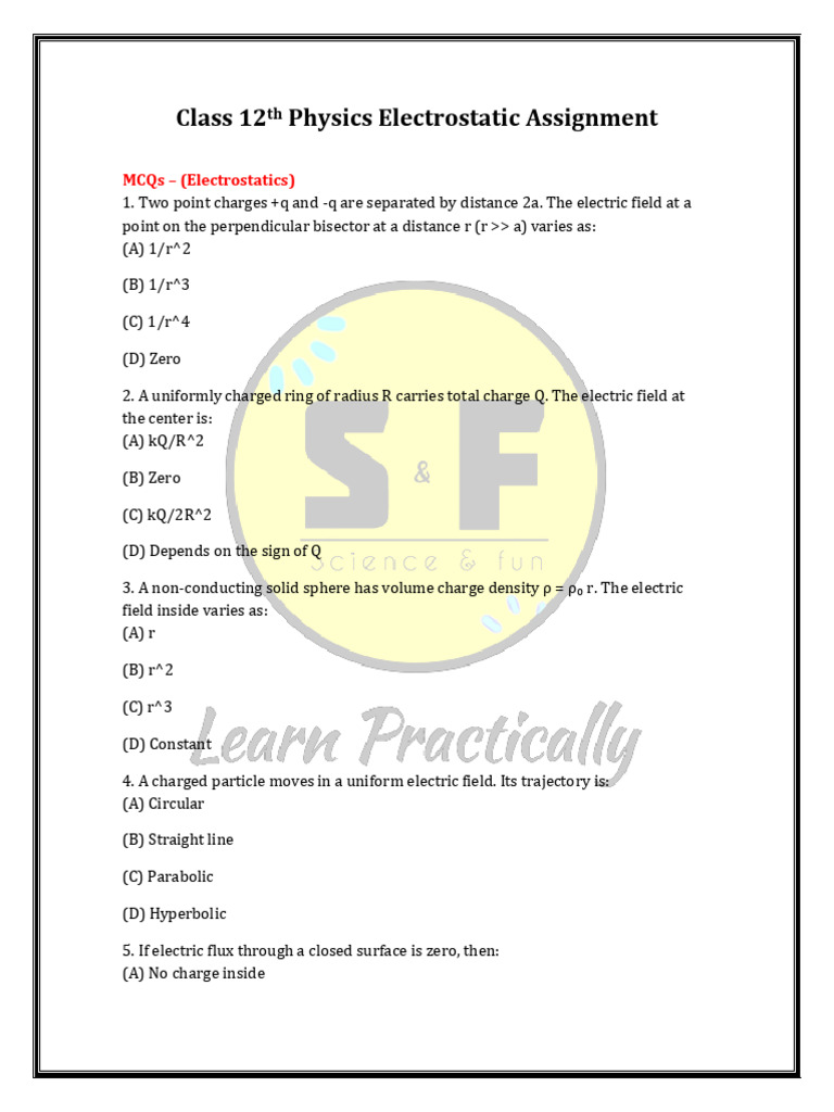 Class 12th Physics Electrostatics Assingment for Self Practice | PDF ...