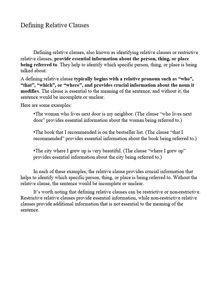 Defining Relative Clauses | PDF | Clause | Linguistic Typology