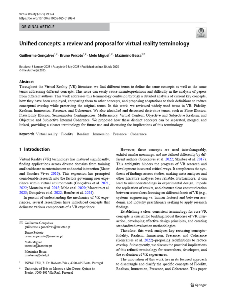 Unified Concepts: A Review and Proposal For Virtual Reality Terminology ...
