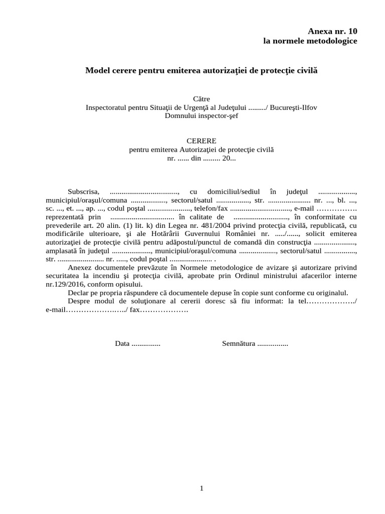 Model Cerere Emitere Autorizatie Protectie Civila | PDF