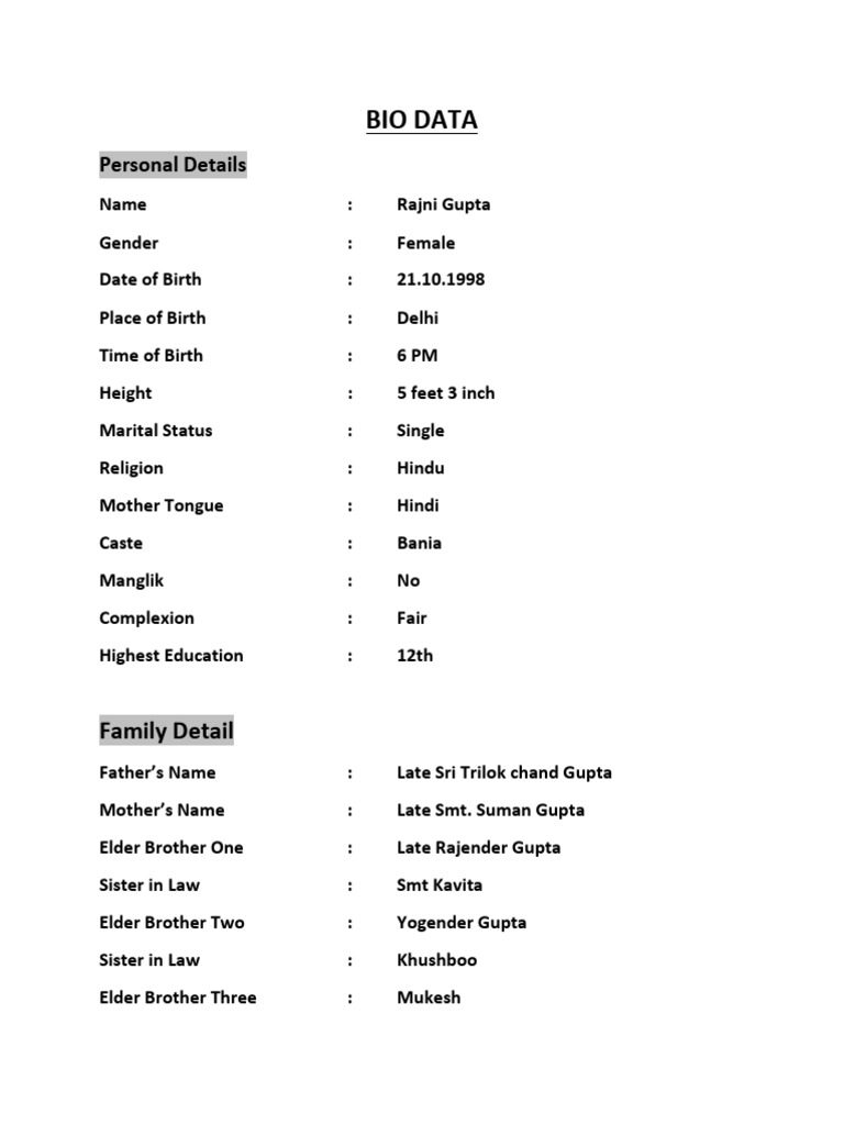 Rajni Bio Data | PDF