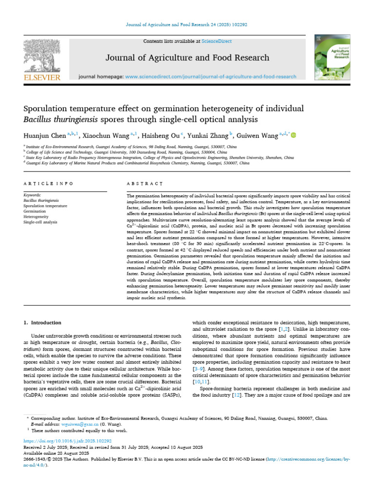 Sporulation Temperature Effect On Germination Heterogeneity of ...