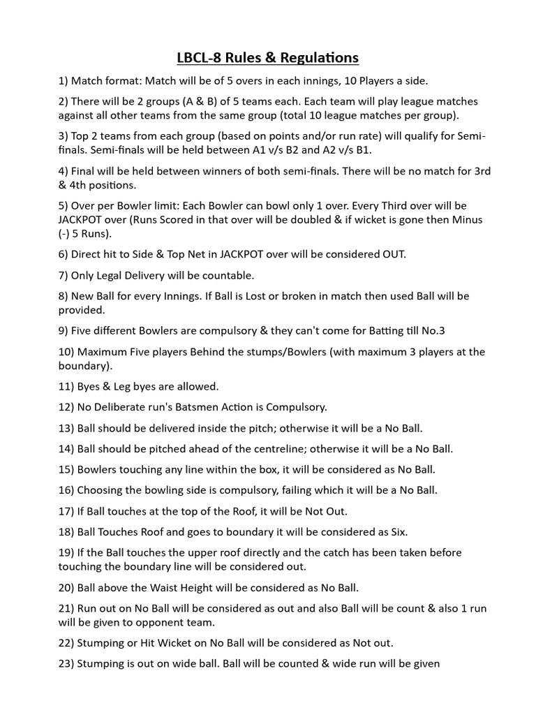LBCL-8 Rules & Regulations | PDF | Bowling (Cricket) | Cricket