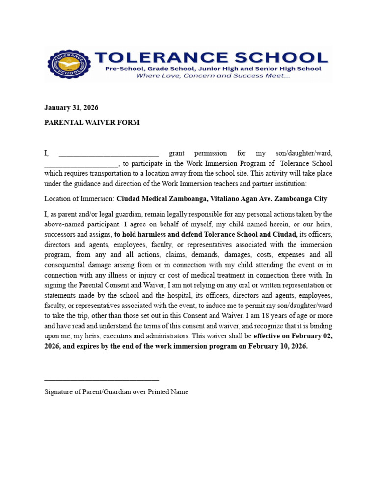 Work Immersion Parental Waiver | PDF | Consent | Legal Guardian