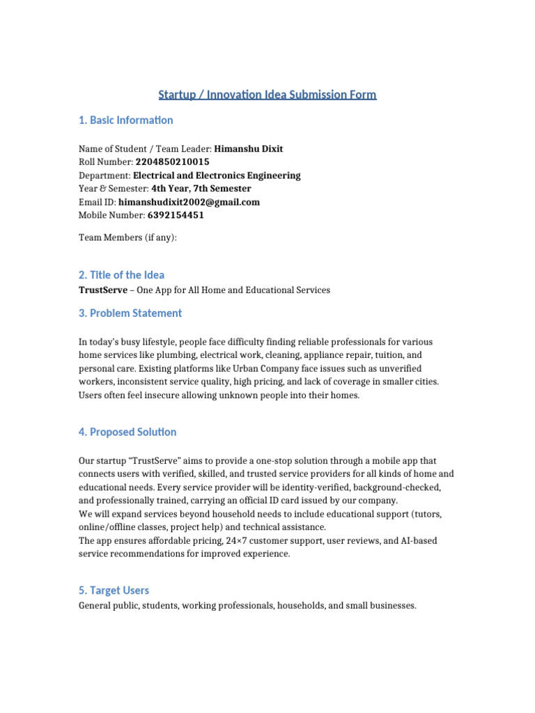 Startup Innovation Idea Submission Form Himanshu Dixit | PDF | Mobile ...
