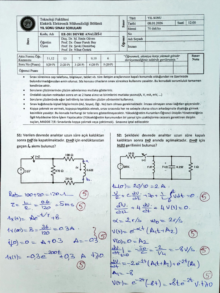 EE201 Final CevapAnahtari 2026-01-08 | PDF