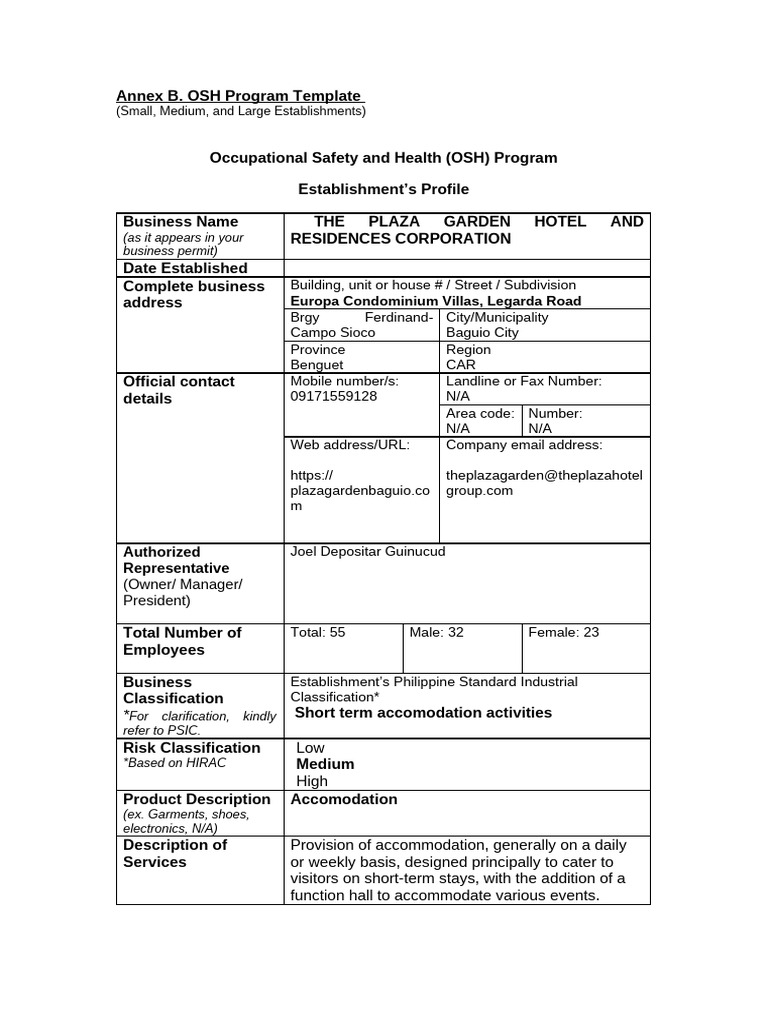 OSH Program - The Plaza Garden Hotel and Resisdences | PDF ...