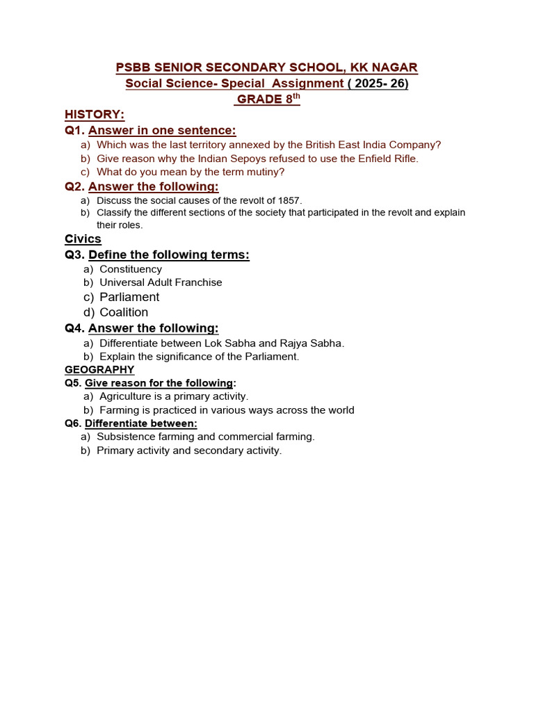 Grade 8th Specialassignment 2025-26-1 | PDF