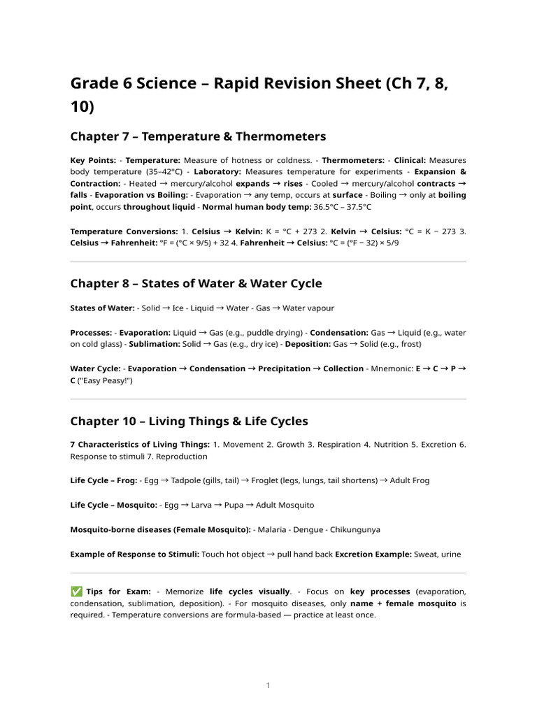 Science Revision Sheet | PDF