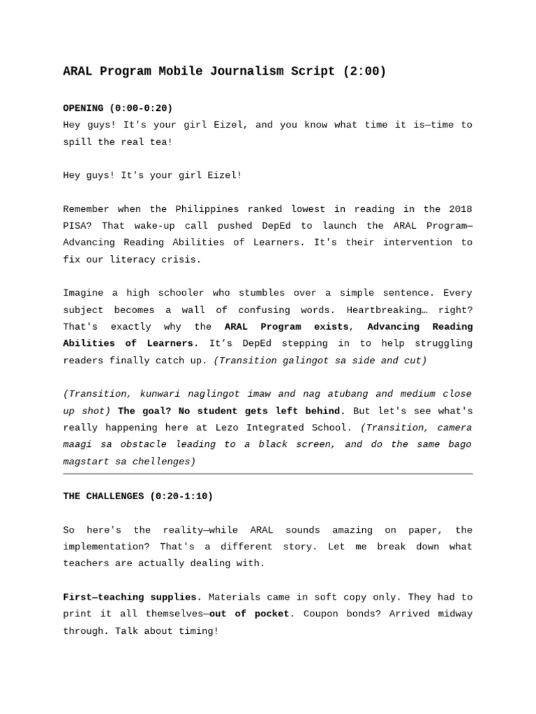 ARAL Program Mobile Journalism Script | PDF | Psycholinguistics ...