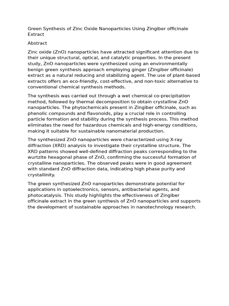 Green Synthesis of Zinc Oxide Nanoparticles Using Zingiber Officinale ...