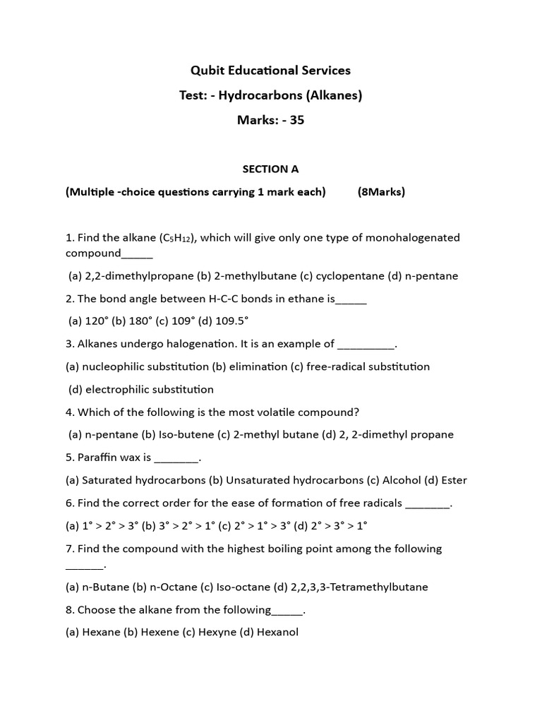 31st Jan - SB and CBSE - Test - Hydrocarbons (Alkanes) | PDF