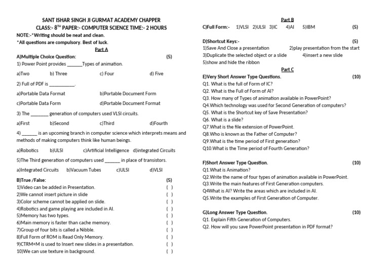 8th Class Pre Board Paper | PDF | Very Large Scale Integration ...