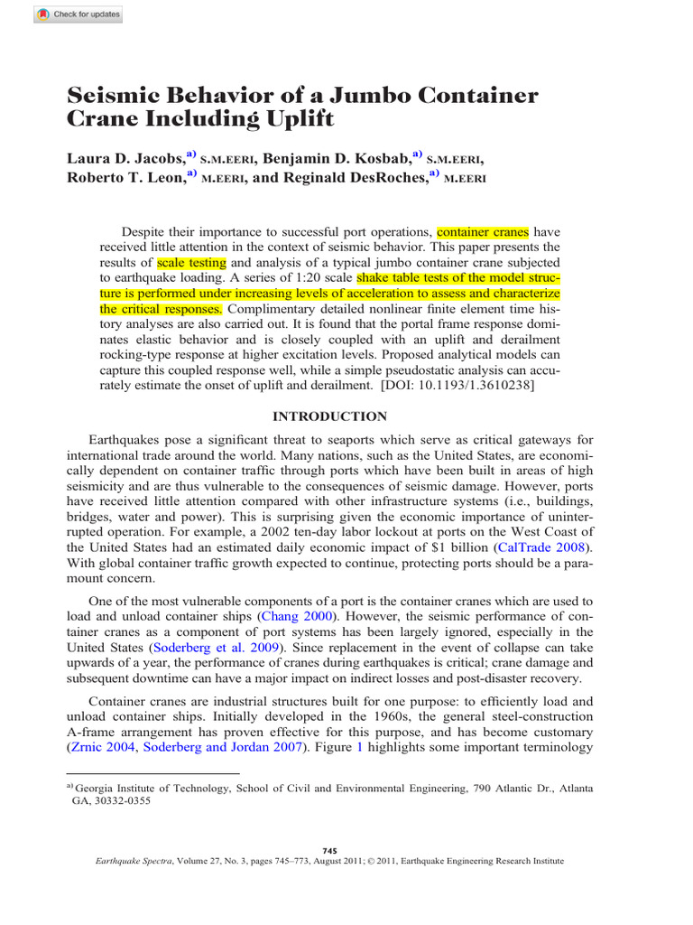 Jacobs L D. Seismic Behavior of A Jumbo Container Crane Including ...