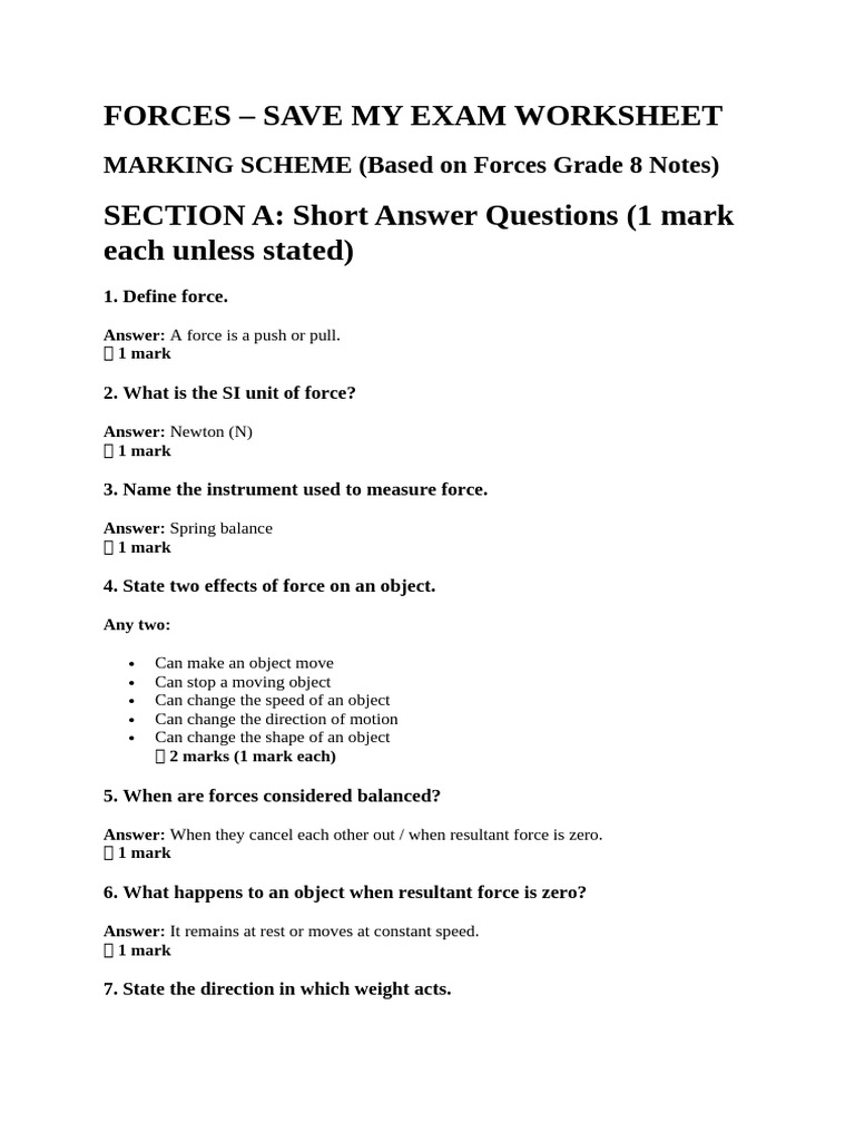 FORCES Worksheet Answers | PDF | Force | Buoyancy