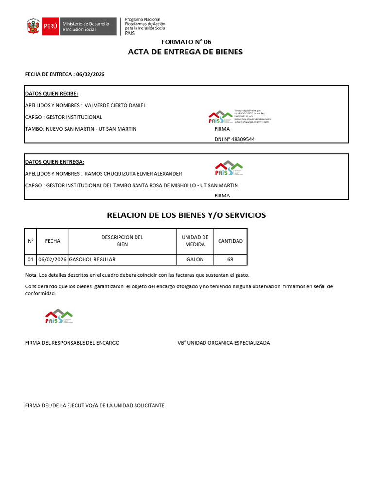 Formato 06 - Acta de Entrega de Bienes NSM (FP) (F) (F) | PDF