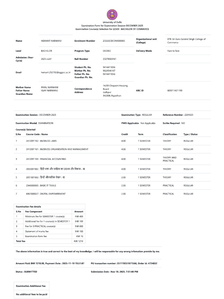 Examination Form Fee Receipt | PDF