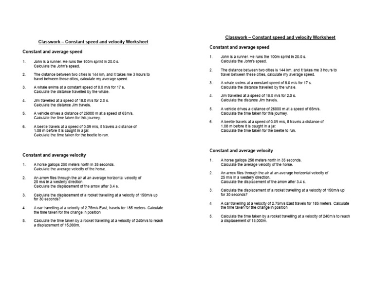 Classwork - Constant Speed and Velocity Worksheet | PDF | Speed | Rates
