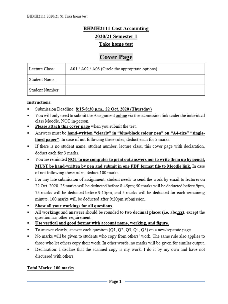 2021S1 Take-Home Test Question | PDF | Depreciation | Expense