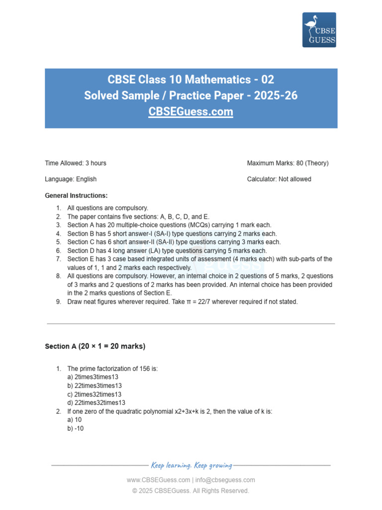 Solved CBSE Class 10 Maths Sample Paper CBSEGuess 02 | PDF | Circle ...