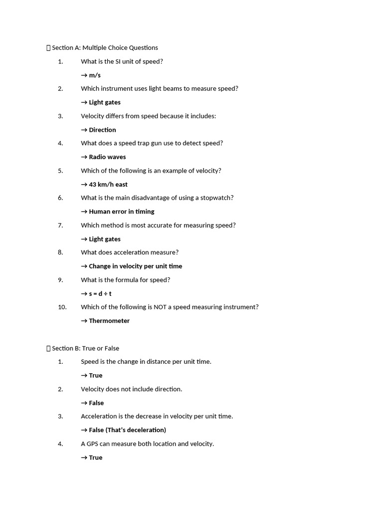 ? Speed Worksheet Exam Answers | PDF | Speed | Acceleration