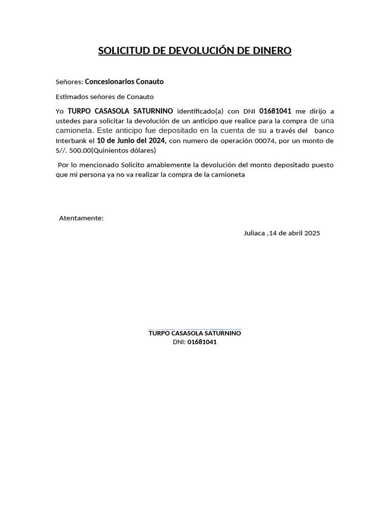 Solicitud de Devolución de Dinero | PDF