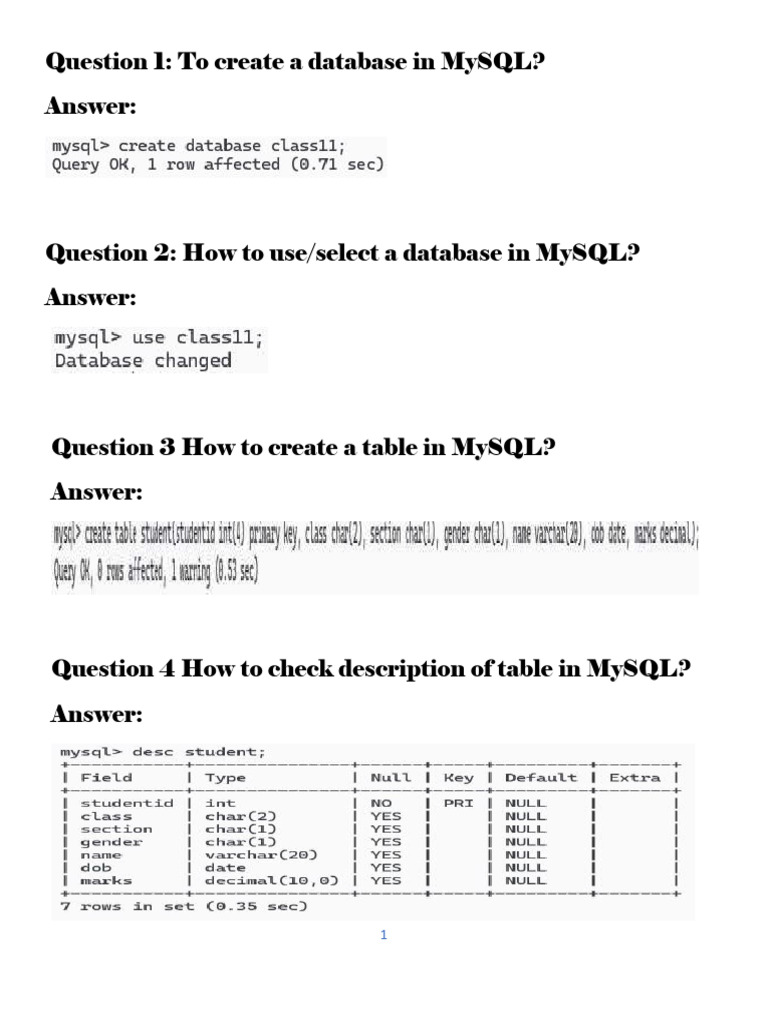 Question 1: To Create A Database in Mysql? Answer | PDF