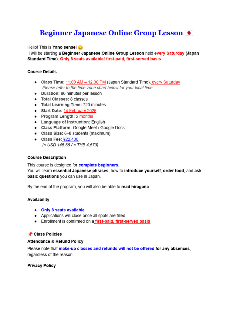 Beginner Japanese Course Info | PDF