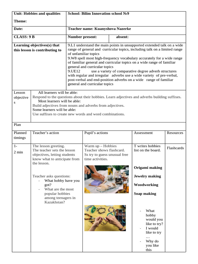 Lesson Plan 9 Grade English Plus | PDF | Adjective | Learning