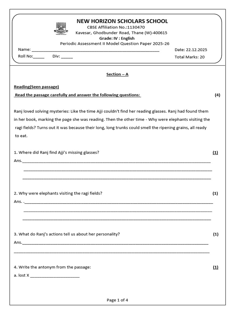 Grade 4 English Model Question Paper 2025-26 | PDF | Wright Brothers