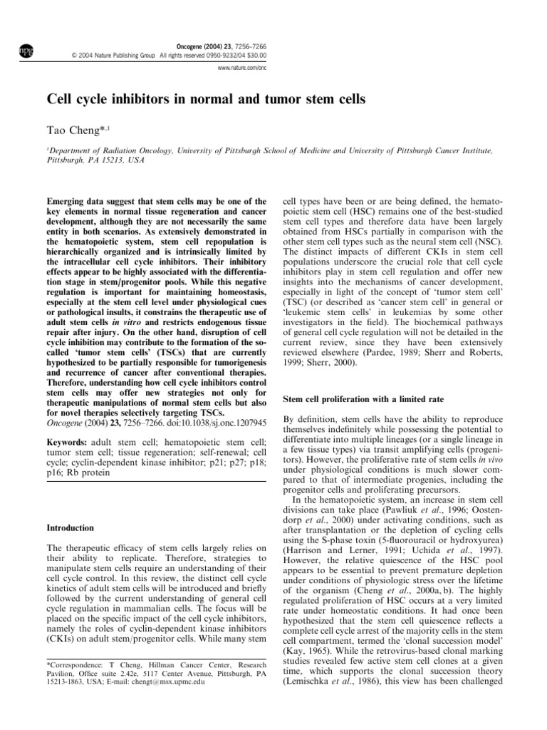 Cell Cycle Inhibitors in Normal and Tumor Stem Cells: Tao Cheng | PDF ...
