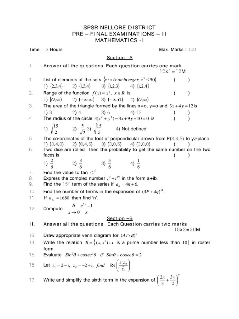 Maths-I Pre Final-II (Em, TM) | PDF