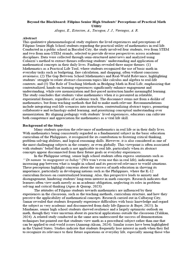 Beyond The Blackboard Filipino Senior High Students Perceptions of ...