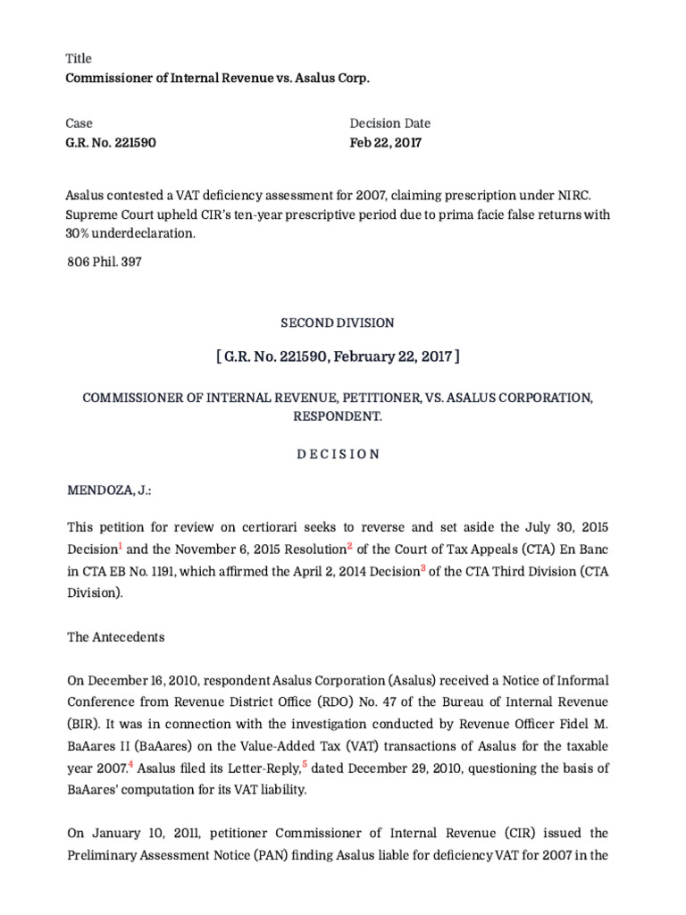 Commissioner of Internal Revenue vs. Asalus Corp | PDF | Taxes ...