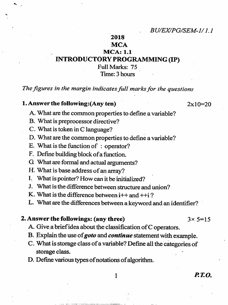 2018 Sem-1 Mca 1.1 - Introductory Programming | PDF