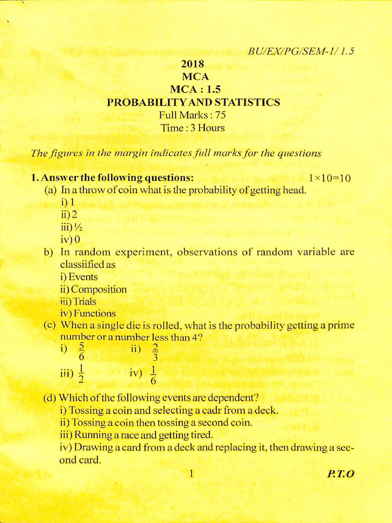 2018 Sem-1 Mca 1.5 - Probability and Statistics | PDF