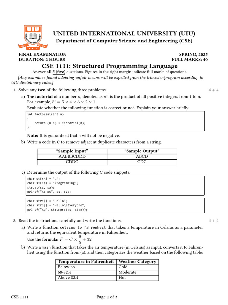 Final Exam Question 251 CSE1111 C SAhSh | PDF | Fahrenheit | Parameter ...
